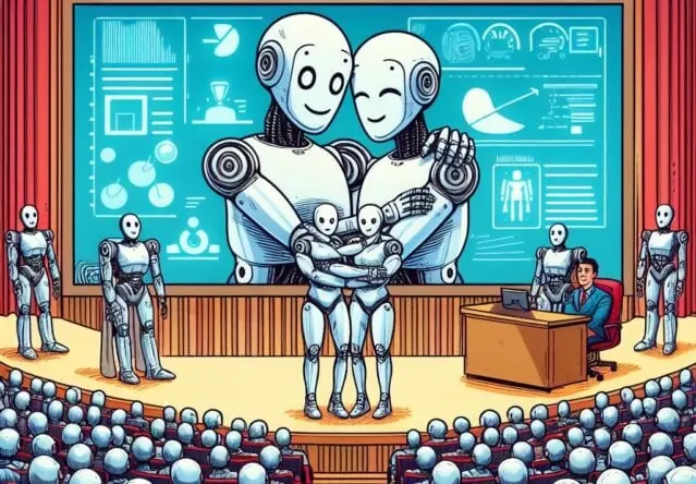 A group of robots hugging at a conference.