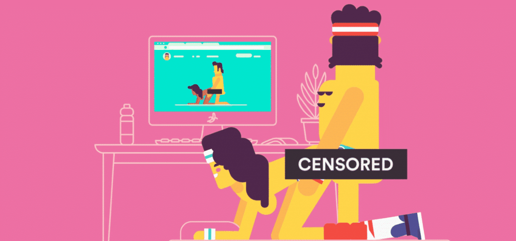 A risqué cartoon couple engaging in digital intimacy on a computer screen.