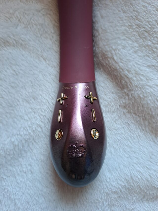 Wireless sextech toy with customizable options for enhanced intimate pleasure, featuring controls for treble and bass for personalized sensations, designed for adult use and pleasure enhancement.