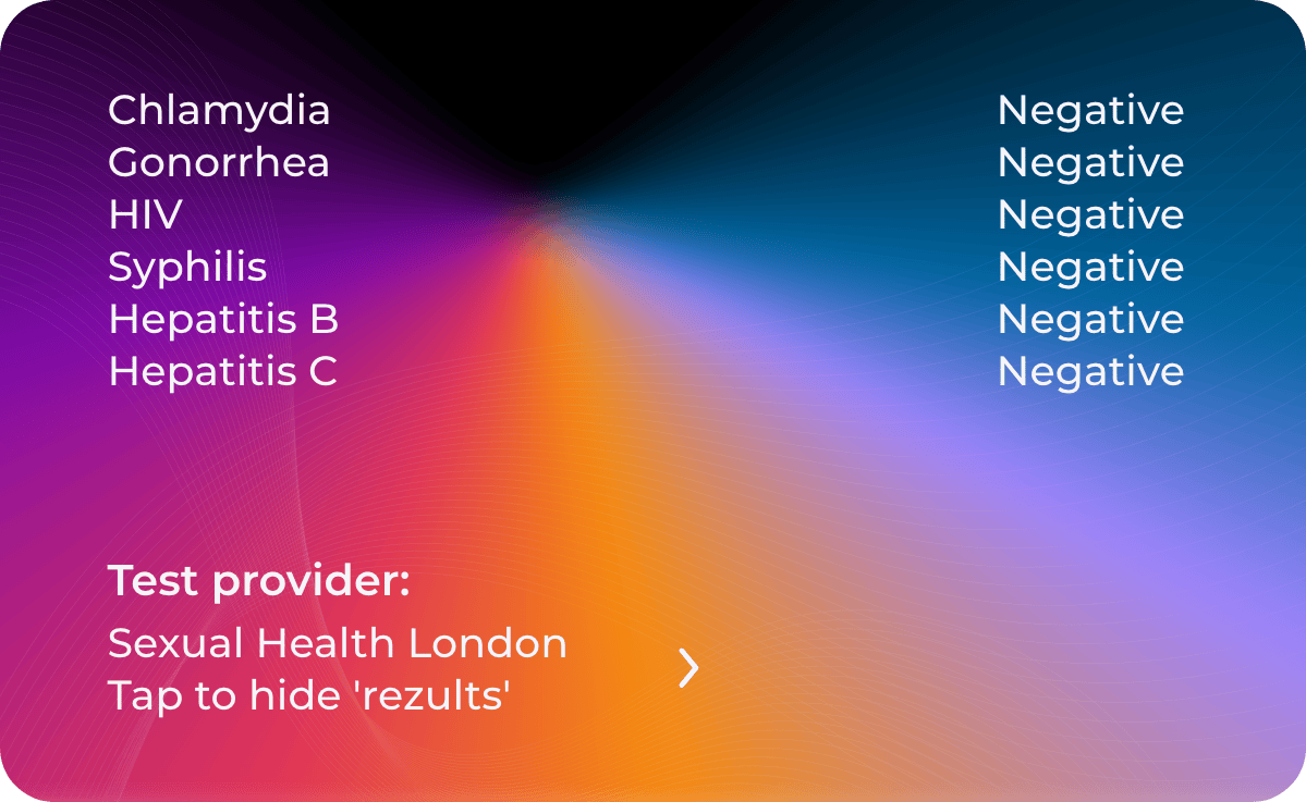 Chlamydia, Gonorrhea, HIV, Syphilis, Hepatitis B, and Hepatitis C test results displayed as negative on a sexual health testing website.