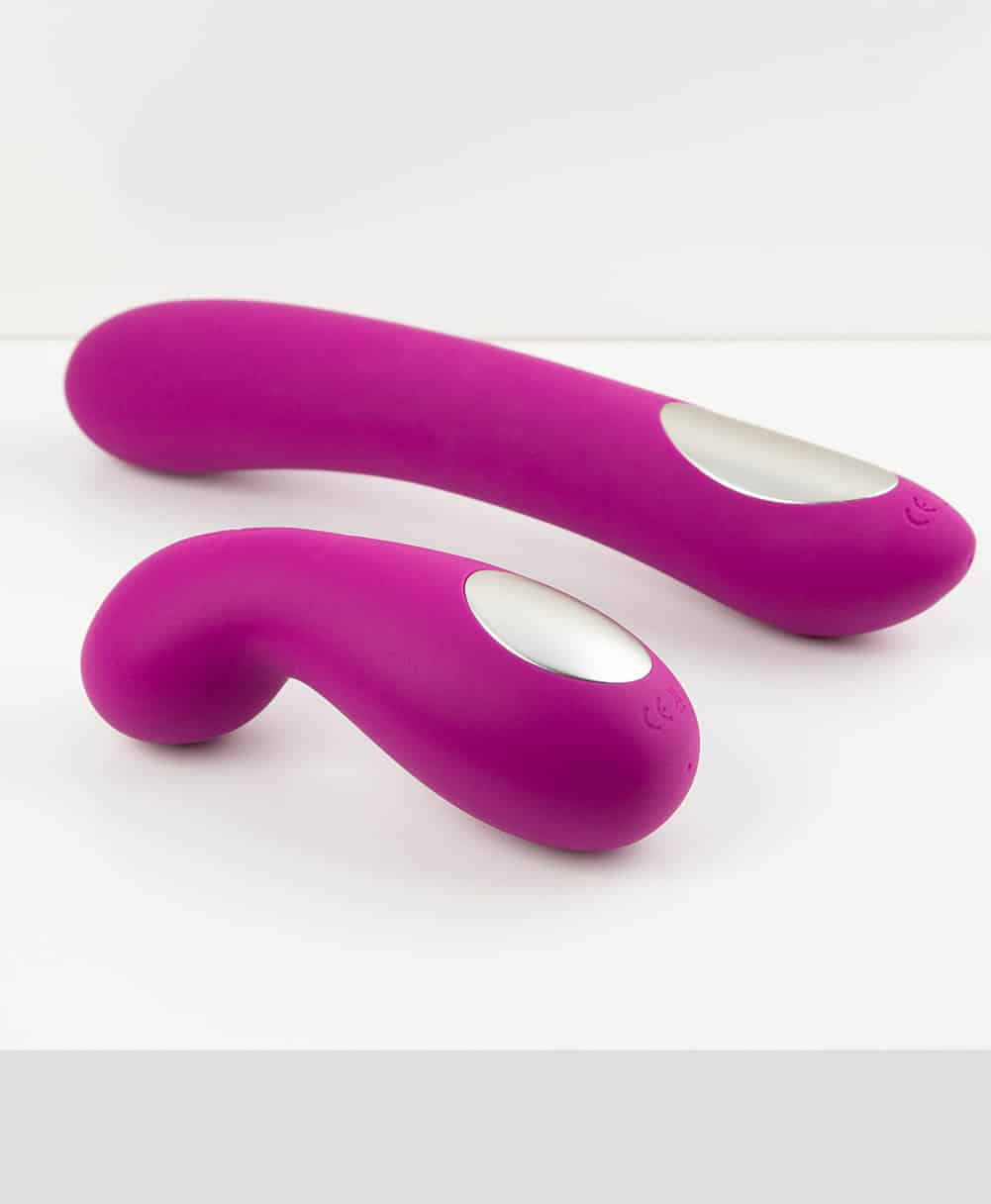 The Cliona launch showcases two vibrant purple vibrators on a minimalist white surface.
