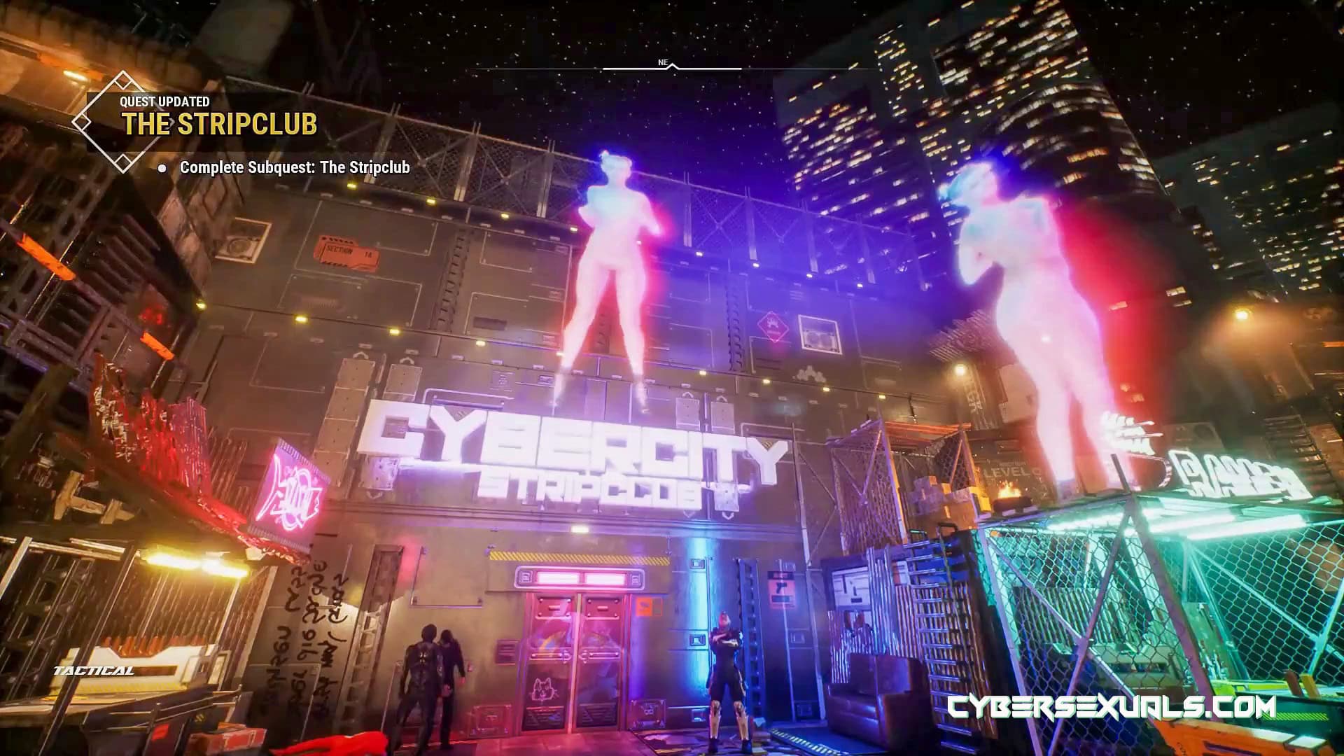 Cyber Sexuals 2 Cyberpunk city scene with neon signs and holographic advertising, futuristic urban nightlife with vibrant lights and advanced technology, vivid imagery of a digital cityscape perfect for sextech and cybertech themes.
