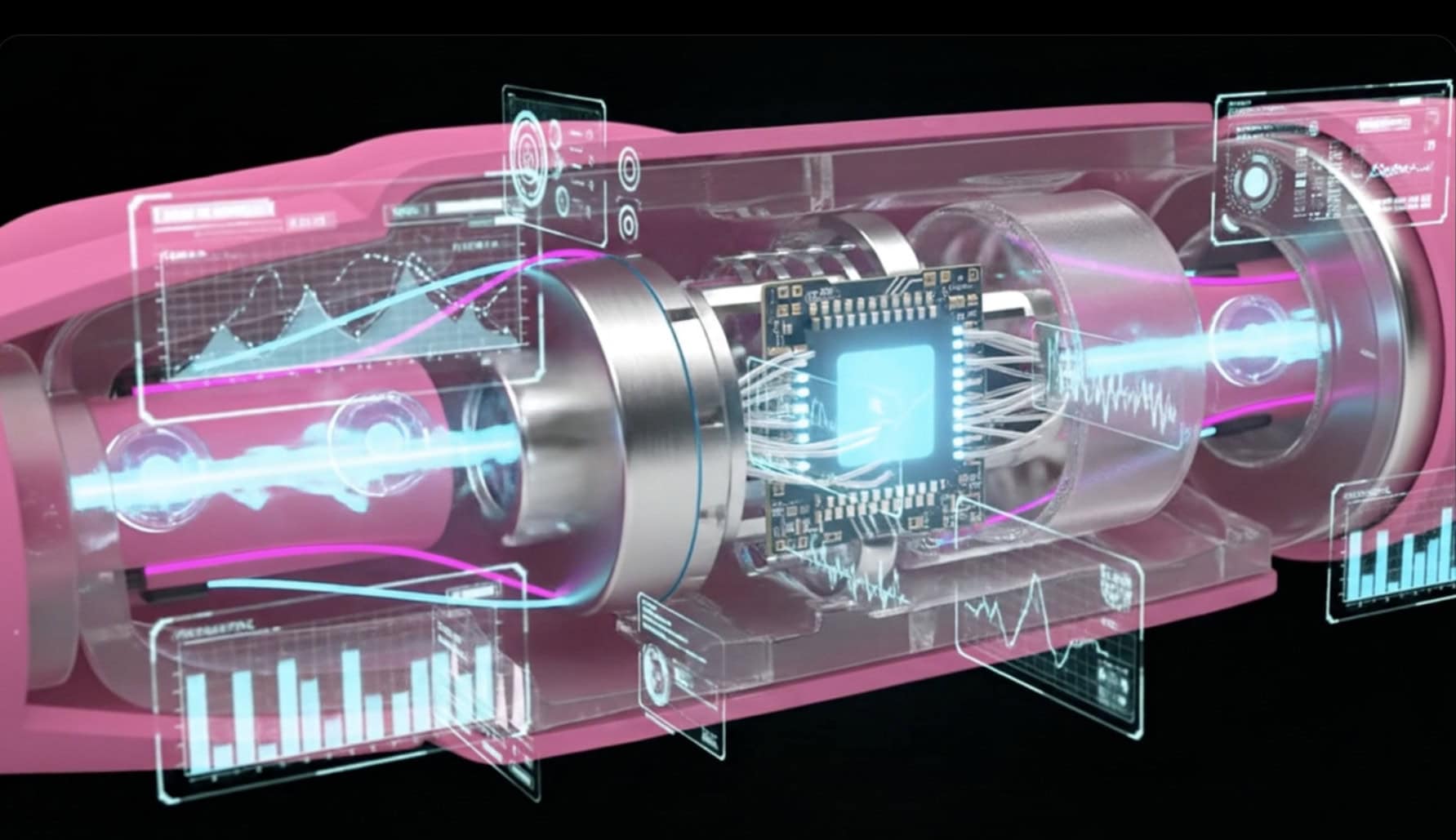 Stylized cutaway render of the Devin vibrator's internals overlaid with data graphics