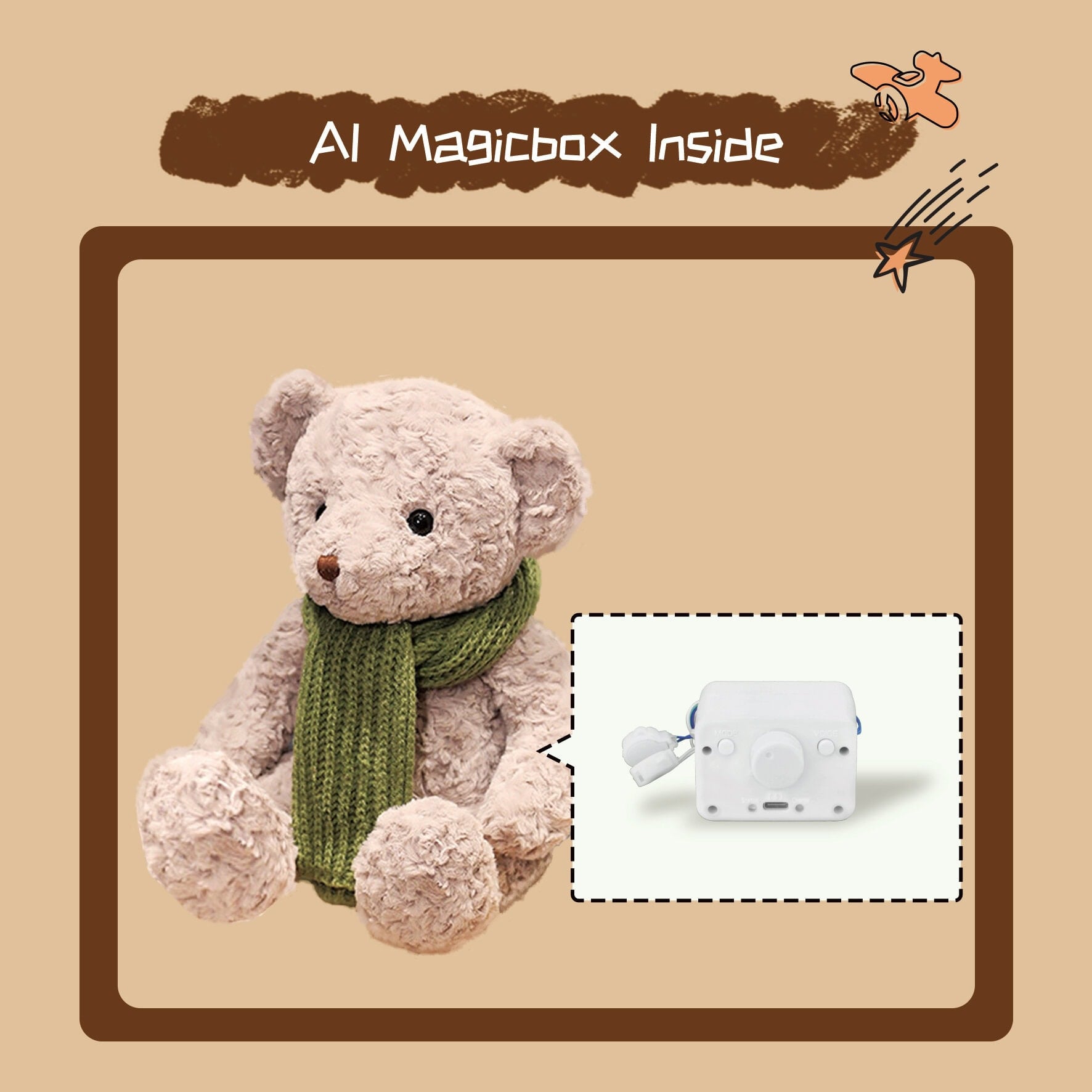 Soft plush teddy bear wearing a green knitted scarf with a remote control device for AI-powered adult toys on beige background, representing sextech innovations and smart adult toys for enhanced intimacy.