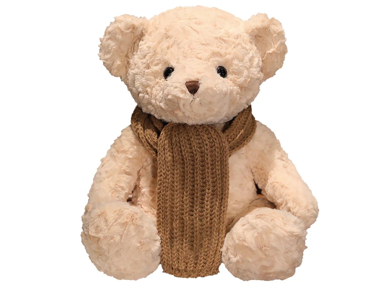 Plush teddy bear with a brown knitted scarf, cute and cozy comfort toy for adults and children, soft stuffed animal for gift and decor.