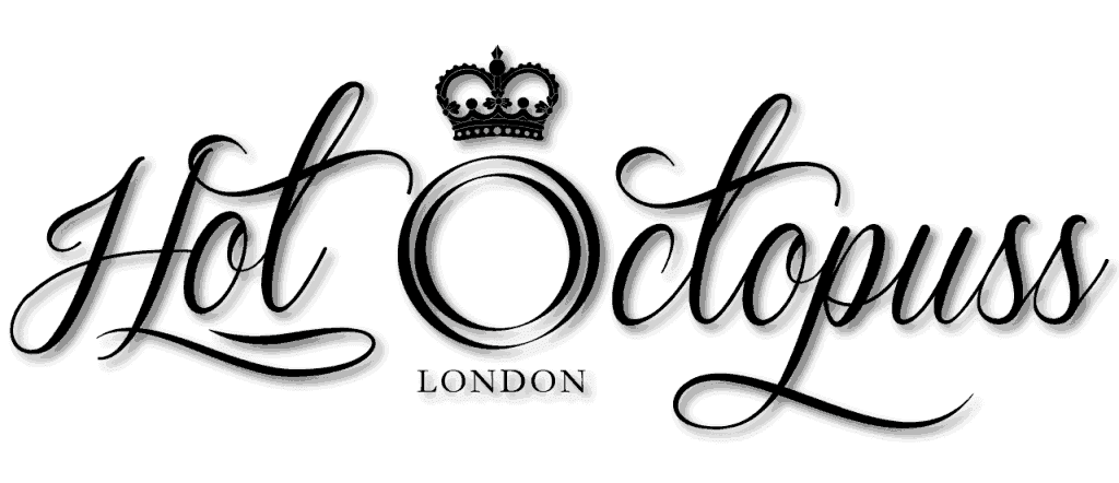 A black and white image of a logo with a crown on it representing Hot Octopuss.