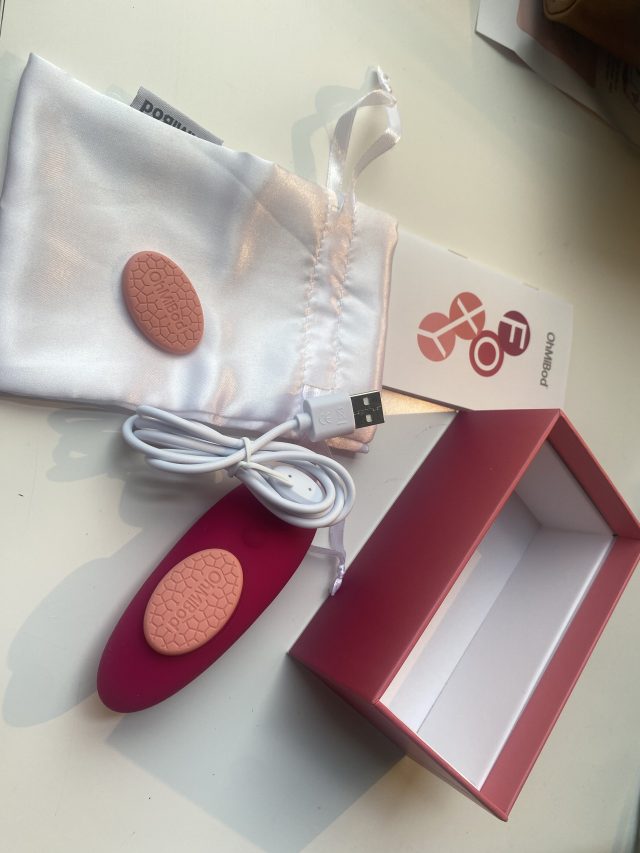 Wireless adult vibrator with silicone control pad and USB charging cable, in pink and burgundy, with packaging and storage pouch. Ideal for enhancing intimacy and pleasure with cutting-edge sex tech.