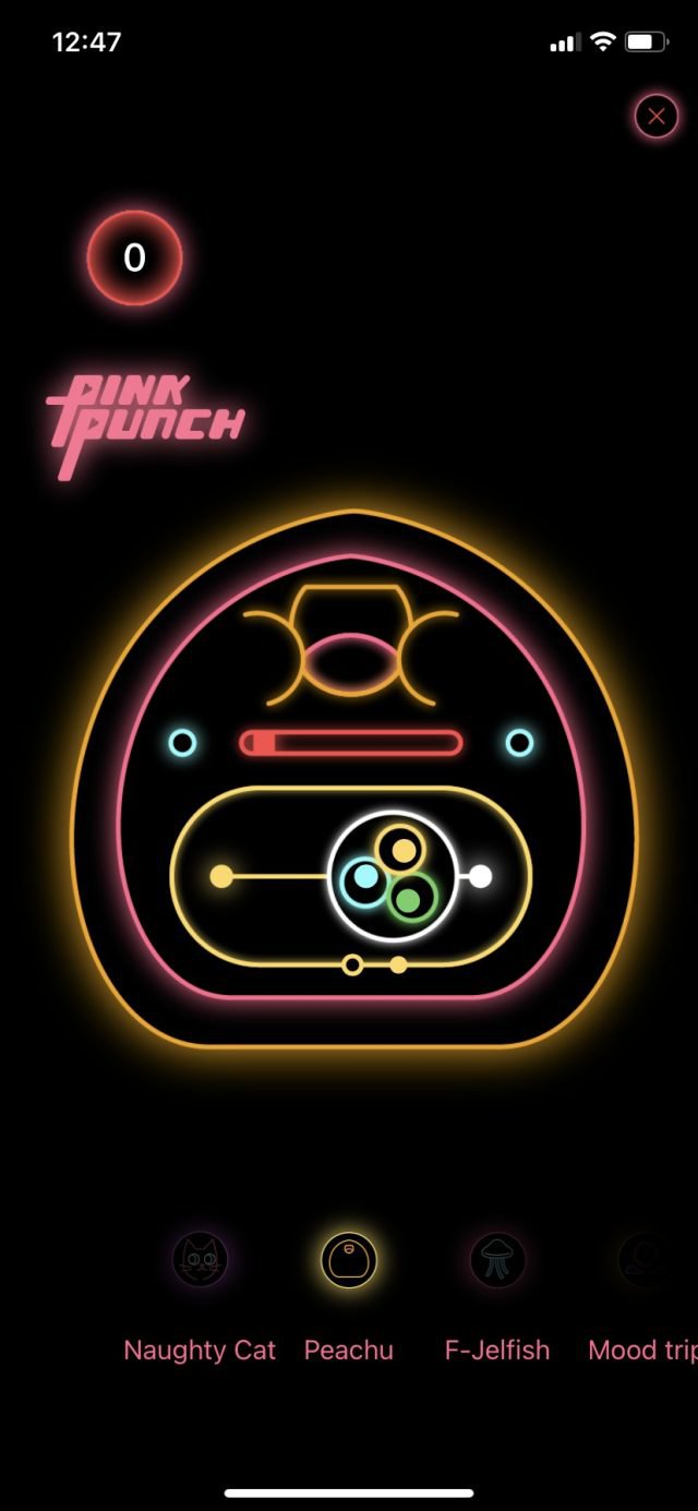 Neon-lit digital game screen showcasing a colorful and interactive sextech app interface for enhancing intimate experiences and pleasure, with playful icons and mood options for adult entertainment.