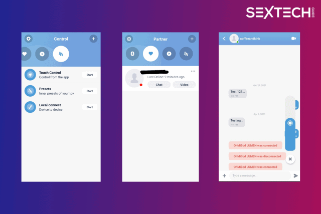 Sextech chat app integrating Ohmibod and Kiiroo Lumen, offering a review.