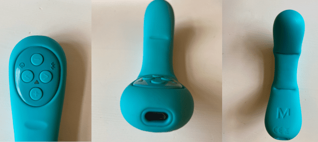 A review of the Mysteryvibe Poco, showcasing four pictures of the blue vibrating toy.