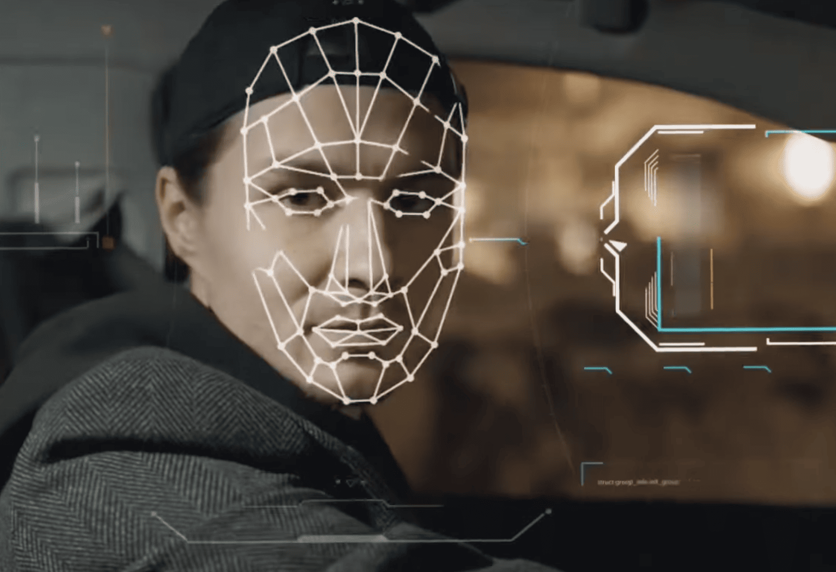 A man's face is shown on the dashboard of a car, highlighting the concept of AI 'face dating'.