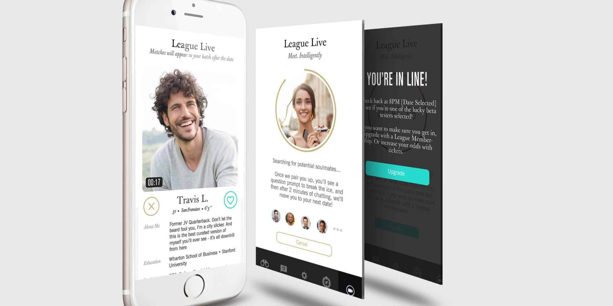 A video dating app, featuring The League's interface and users shown as a woman and a man.