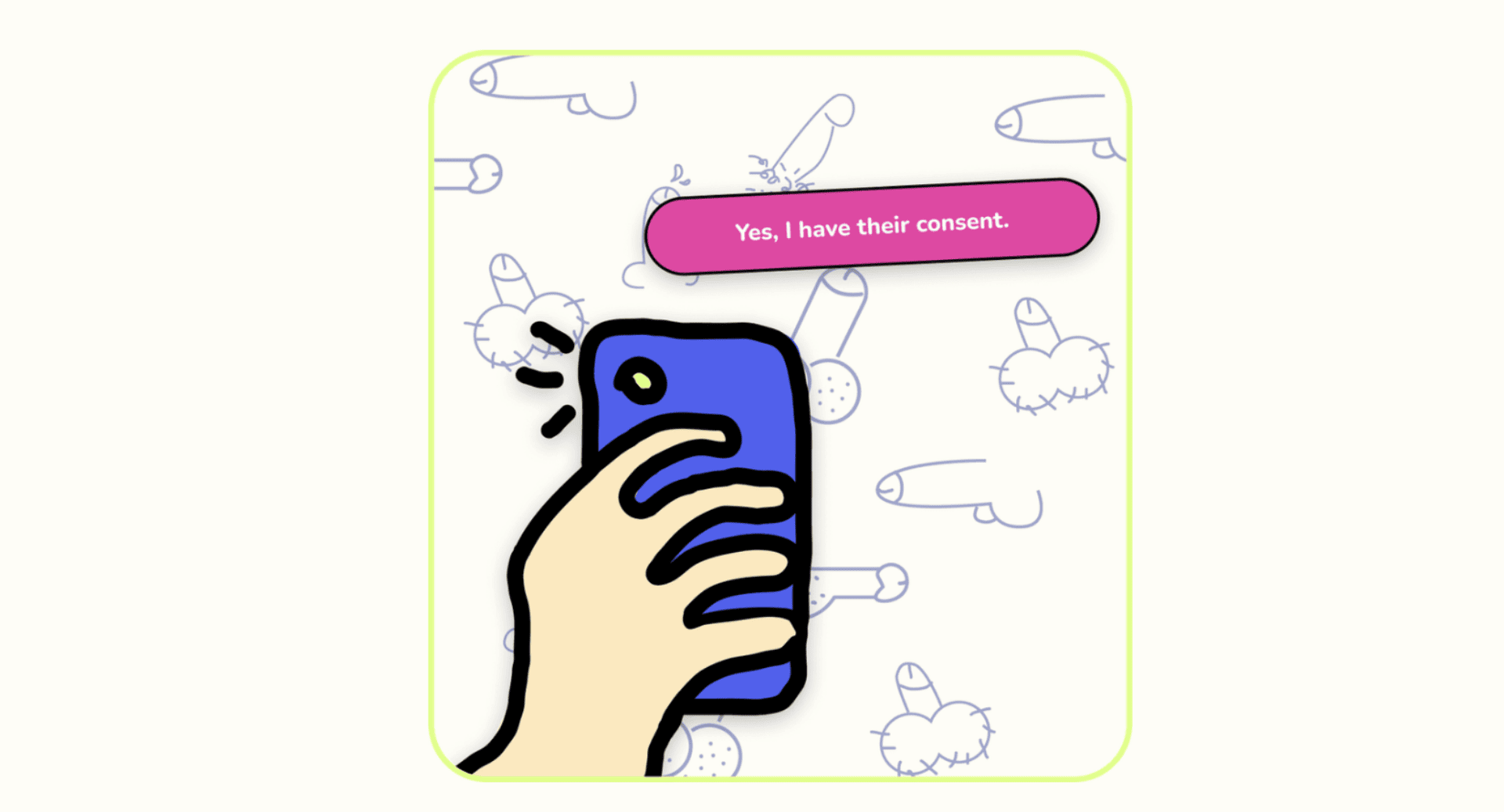 Illustration of a hand holding a smartphone with a speech bubble saying "yes, I have their consent" against a background with thumbprint icons and STI signs.