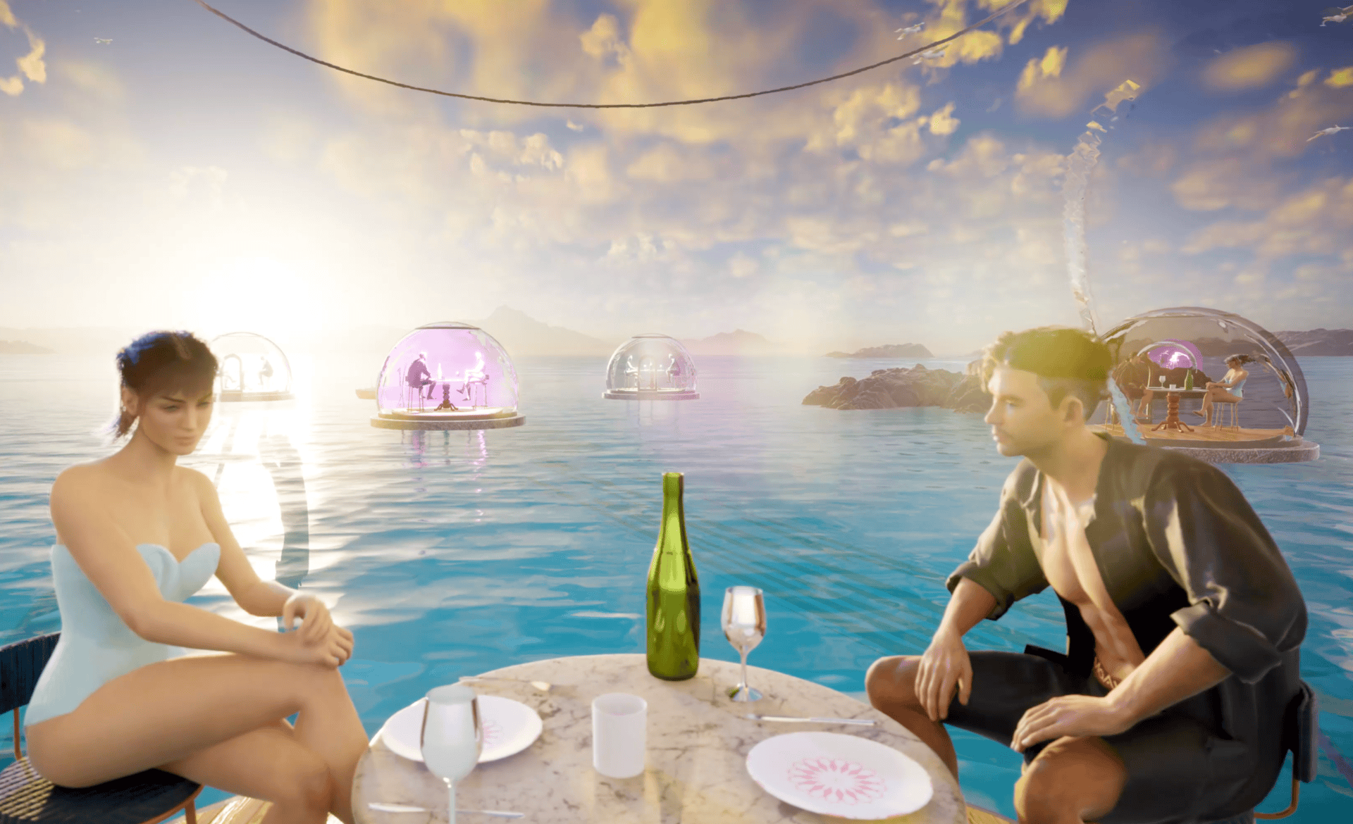 Screenshot 2025 01 13 at 13.25.11 Futuristic outdoor dining scene with transparent domes over water, featuring people enjoying meals, highlighting innovative sextech and modern lifestyle experiences for SEO.