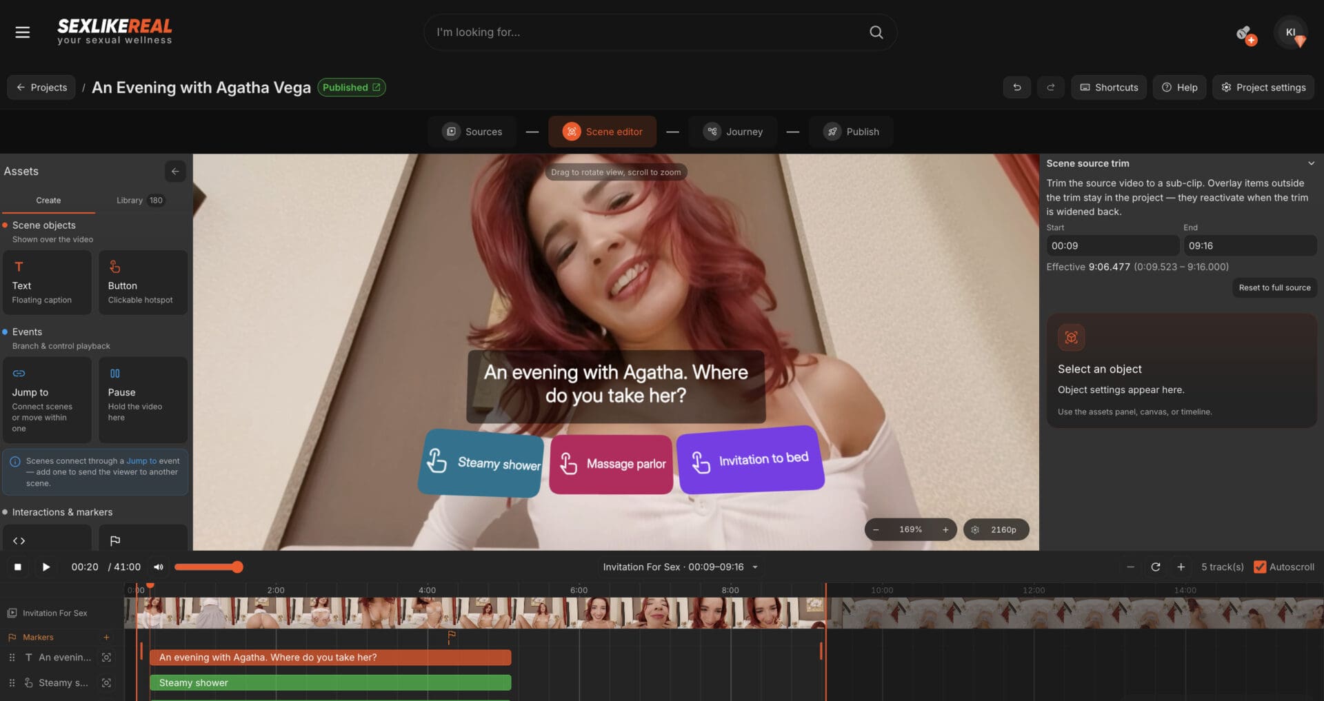 SexLikeReal BYOJ grab The SexLikeReal BYOJ editor, with a branching choice overlaid on a scene offering steamy shower, massage parlor and invitation to bed.