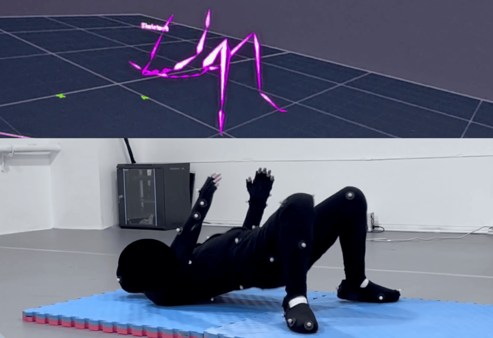 Somnia Lab motion capture A split frame showing a magenta motion capture skeleton on a virtual grid above a performer in a black marker-dotted motion capture suit lying on a blue gym mat