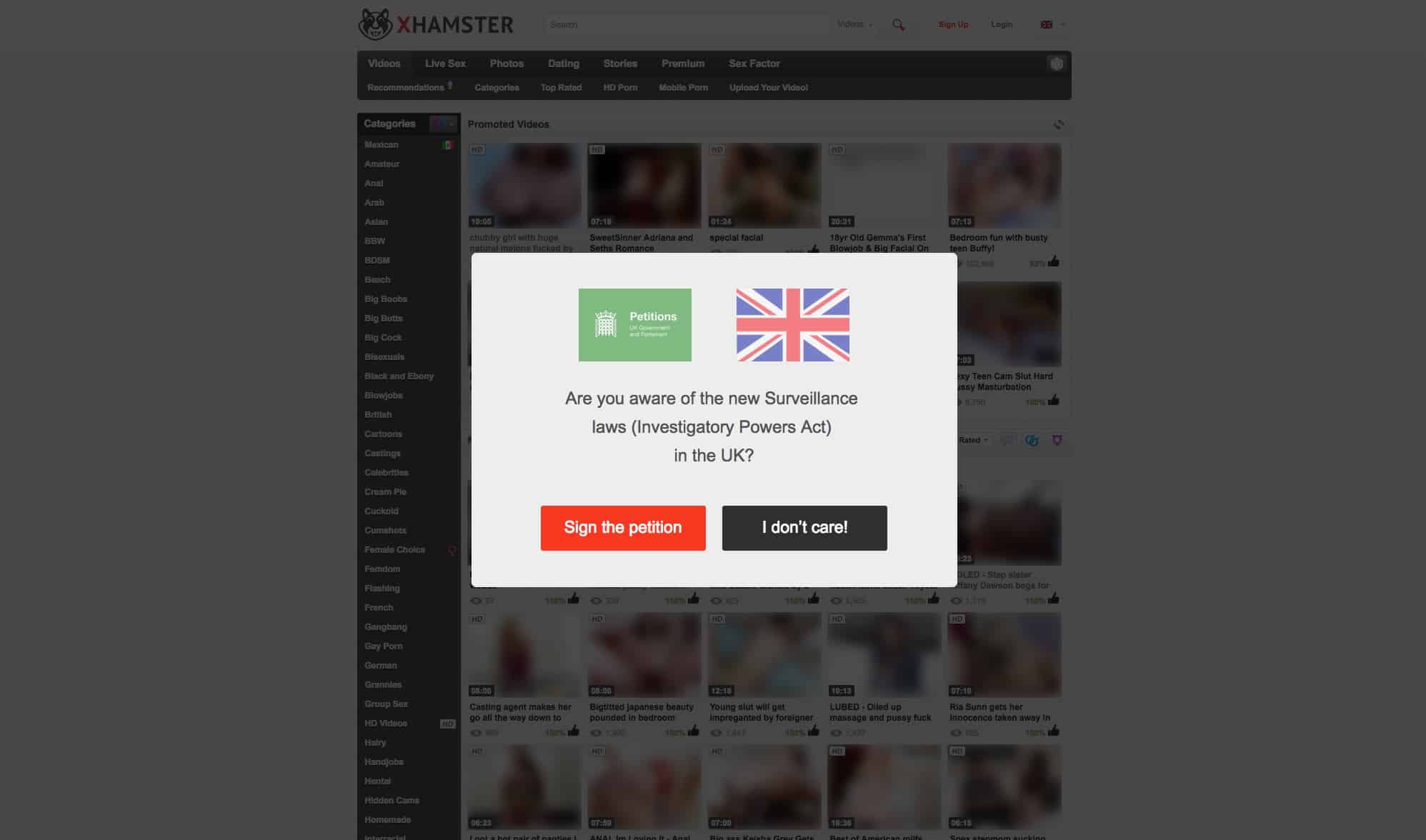 A British dating website screenshot featuring xHamster's advocacy to repeal the Investigatory Powers Act.