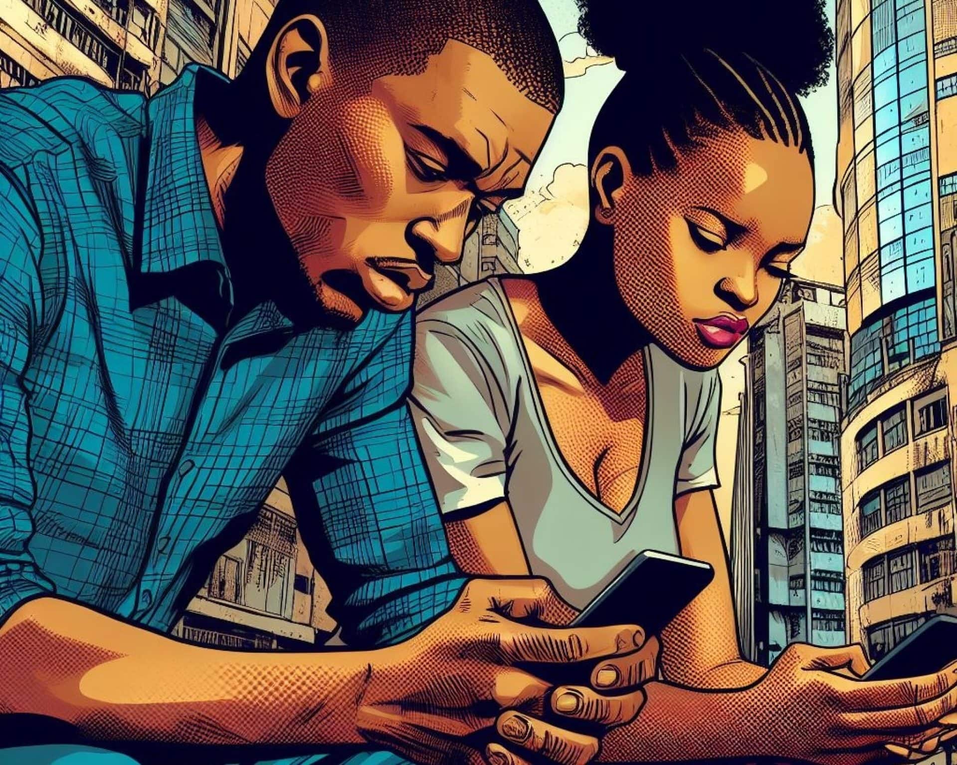A man and woman are engrossed in their cell phones.