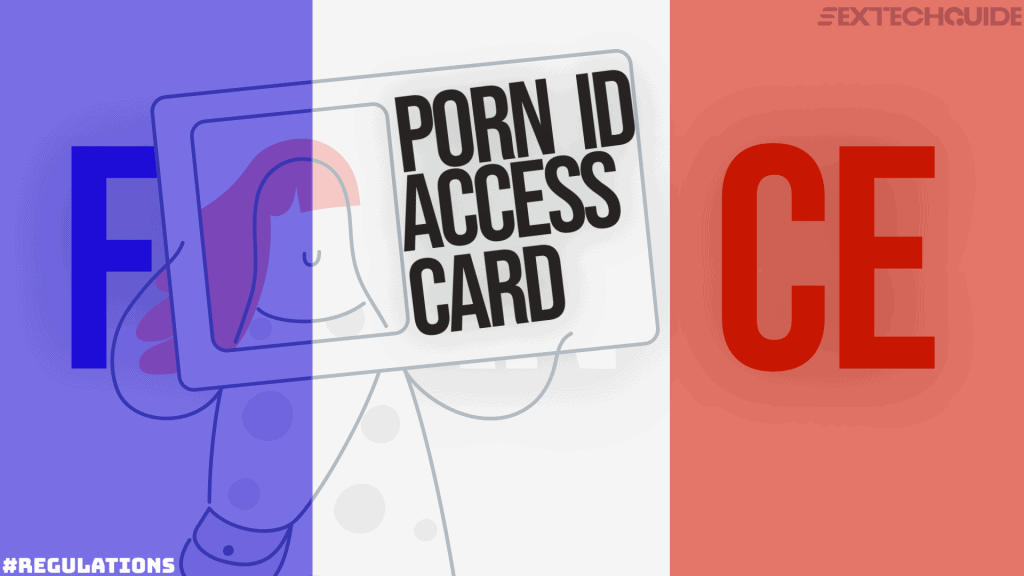 Pornographic website access card with animated illustration of computer monitor, in a colorful and modern design focusing on adult content and online safety, on a split background of blue and red colors.