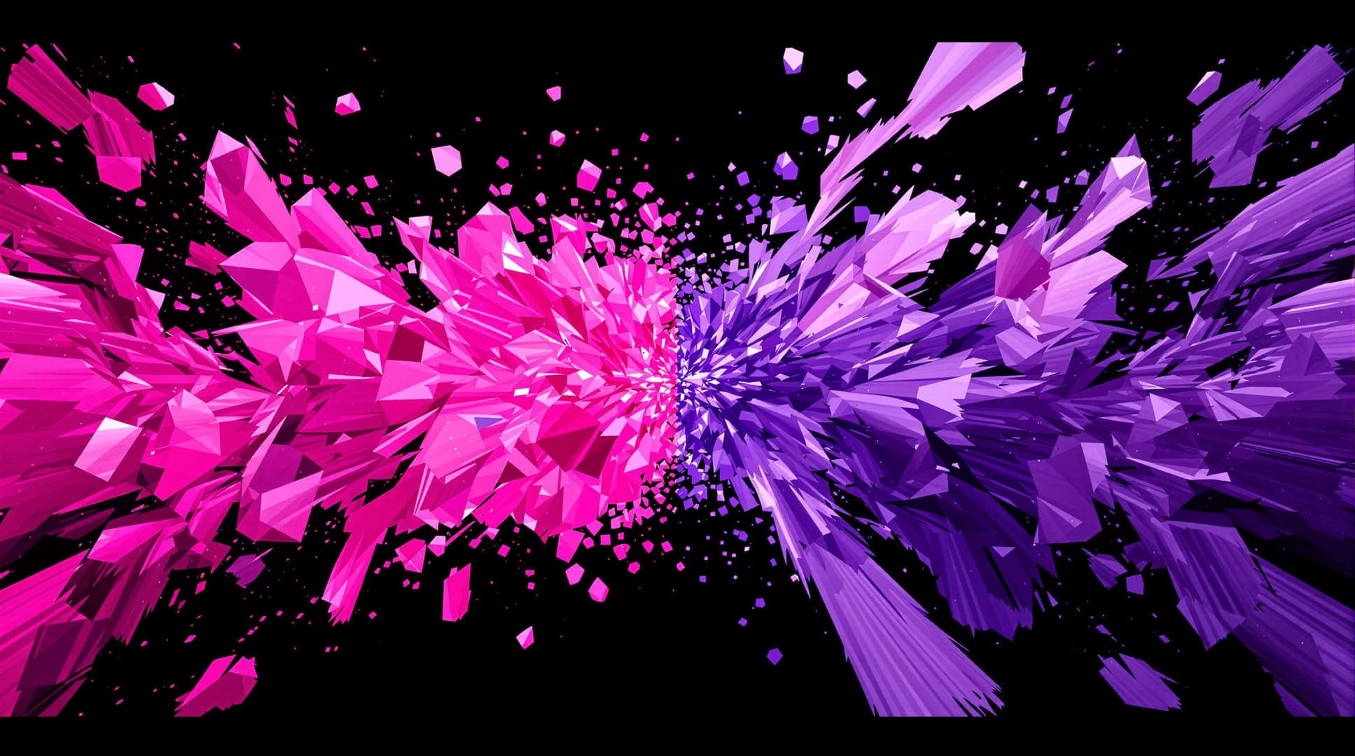Vibrant pink and purple 3D geometric abstract explosion with sharp shards and particles on black background, symbolizing advanced sextech innovation and digital intimacy solutions.