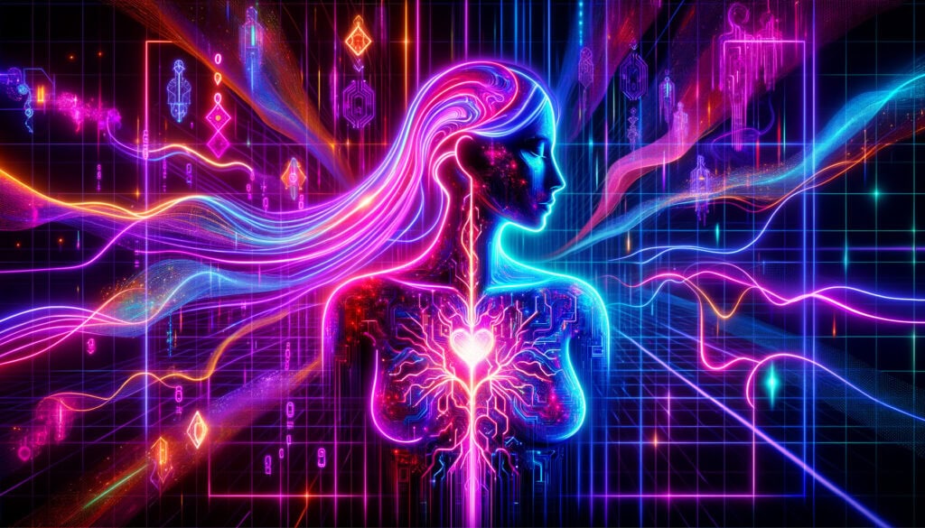 Futuristic digital art of a woman with vibrant neon lights representing connections between mind and body, highlighting neuroscience, technology, and human enhancement in the context of sextech and digital intimacy.