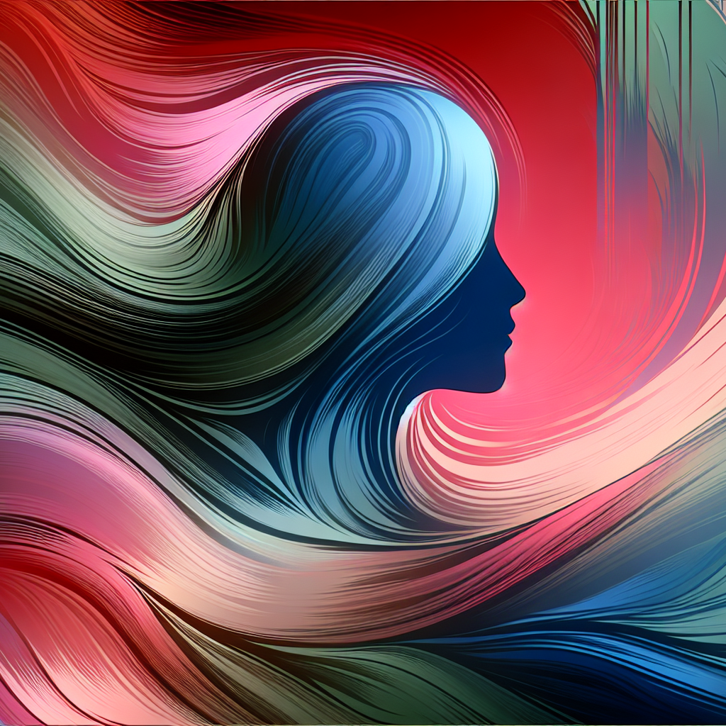 Silhouette of a woman's face with flowing colorful hair, abstract digital art, vibrant pink, blue, and green tones for sextech innovation and sensuality themes, modern erotic technology illustration.