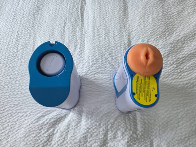 Discreet blue and white sex toy packaging with a realistic silicone vagina insert for intimate pleasure and masturbation enhancement.
