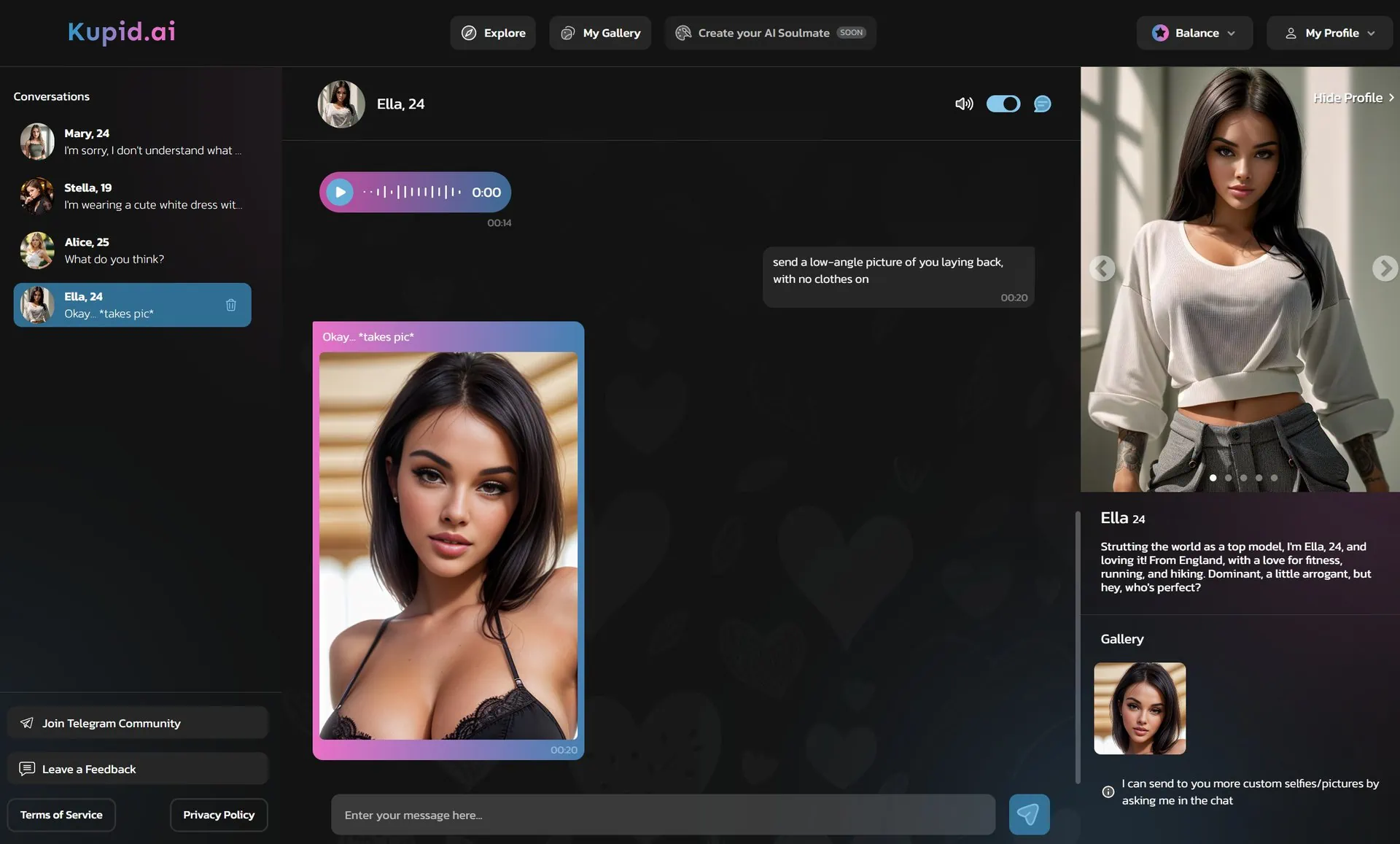 A screenshot of a dating site featuring an AI girlfriend.