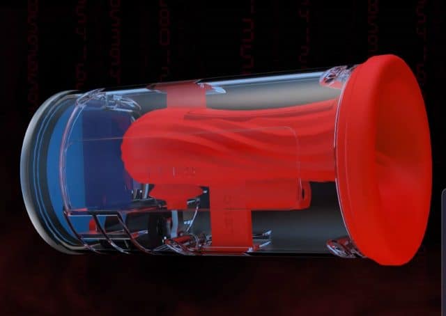 A megaphone with a red and blue design on a black background, inspired by Lelo F1s.