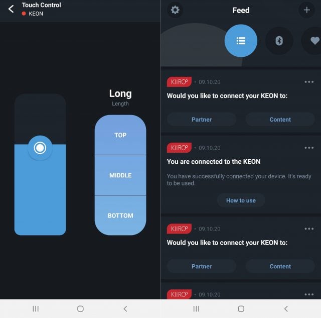 An iPhone screenshot showcasing the feed control app for Kiiroo Keon along with pricing information.
