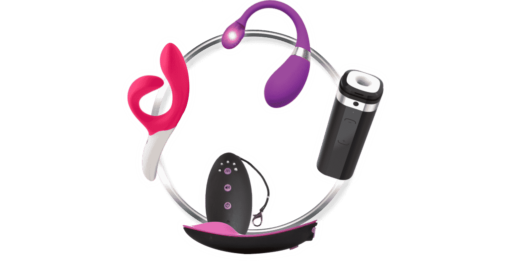 A Flirt4Free interactive ring and device in vibrant pink, purple, and black design.