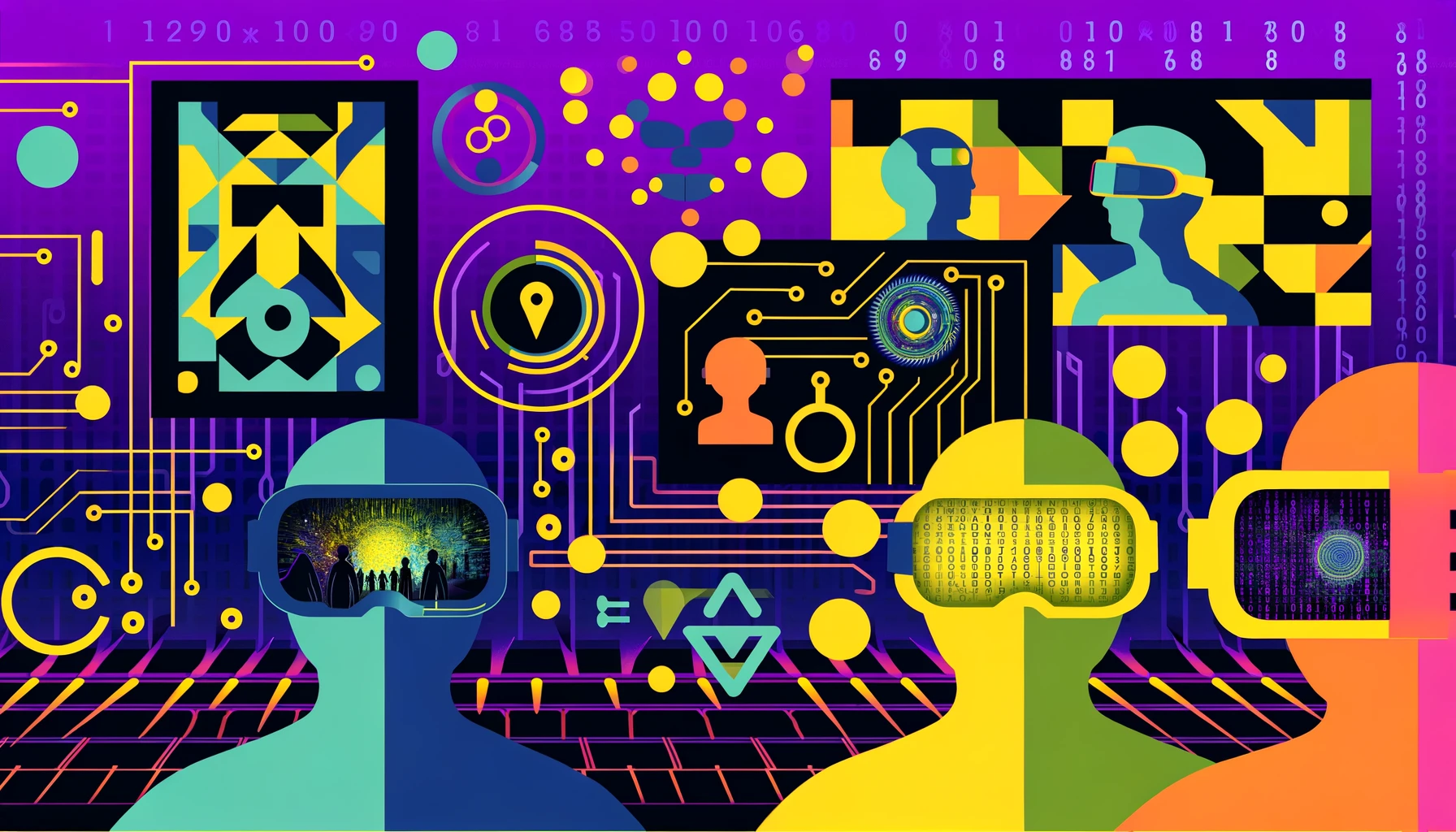 A colorful illustration of people wearing virtual reality goggles, recognizing innovation.