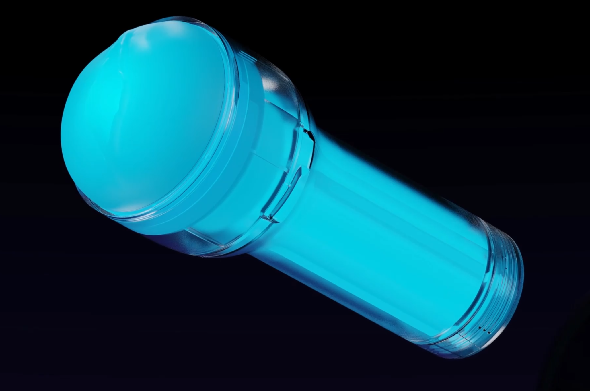 A blue plastic sex toy called FeelGlow on a black background.