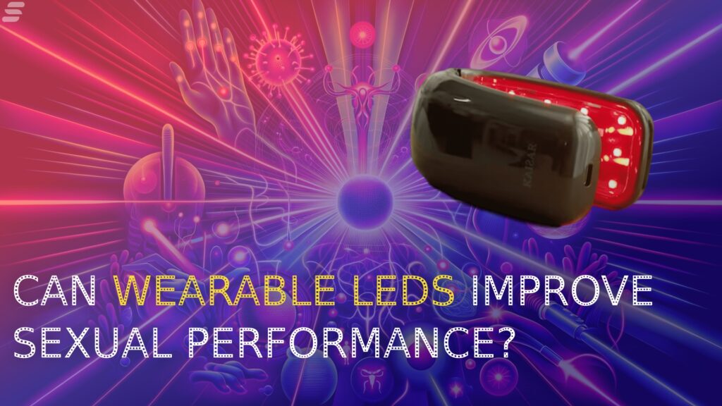 A digitally-rendered image of a large LED penis horseshoe against a vibrant abstract background, posing the question, "Can wearable LEDs increase sexual performance?