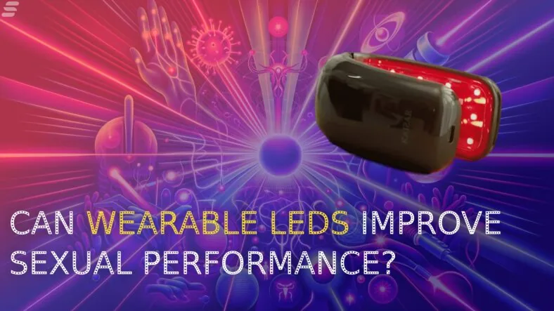 A digitally-rendered image of a large LED penis horseshoe against a vibrant abstract background, posing the question, "Can wearable LEDs increase sexual performance?