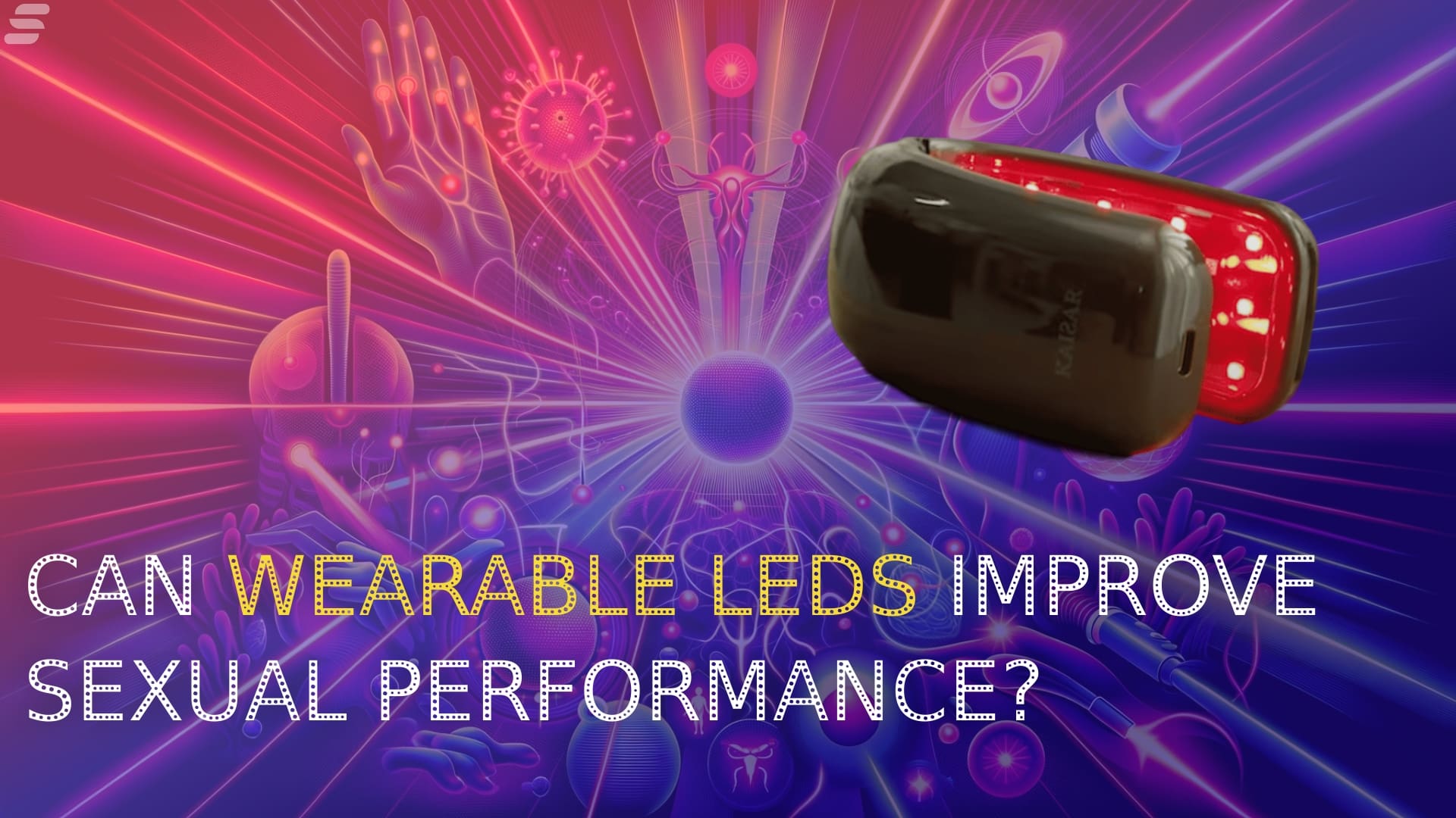 A digitally-rendered image of a large LED penis horseshoe against a vibrant abstract background, posing the question, "Can wearable LEDs increase sexual performance?
