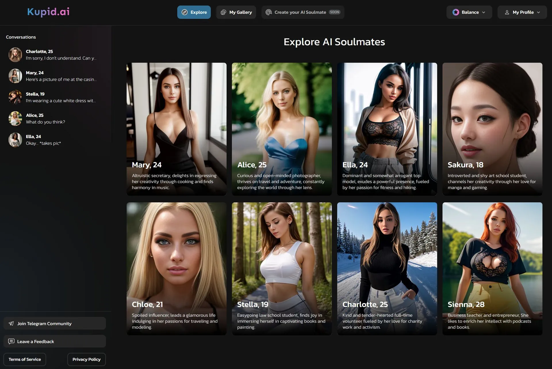 A screenshot of a virtual girlfriend AI site featuring numerous pictures of women.