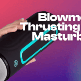 A person holds a black and teal Lovehoney Blowmotion Thrusting Male Masturbator against a gradient background with the device name displayed in bold white text.