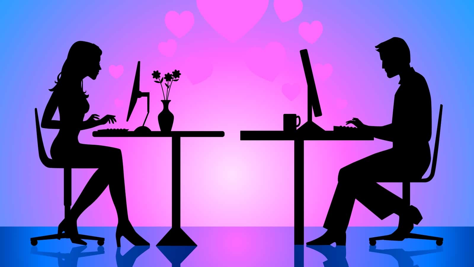 Silhouettes couple at a computer, showcasing the popularity and potential positive impact of online dating.