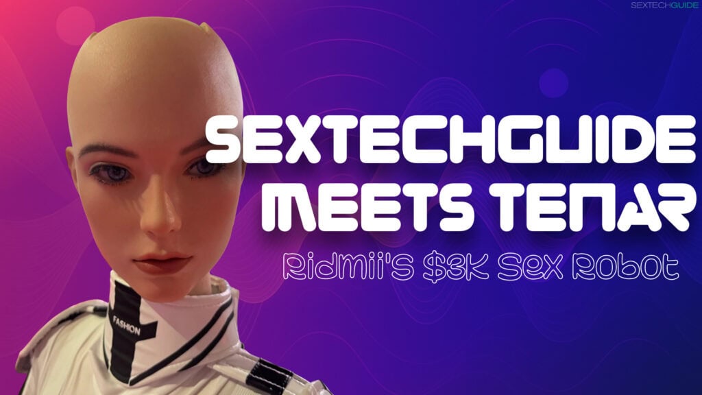 Bald woman with futuristic makeup and high-tech fashion against a vibrant purple background, illustrating the intersection of sextech innovation and AI-powered sex robots.
