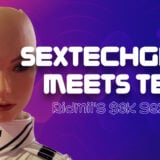 Bald woman with futuristic makeup and high-tech fashion against a vibrant purple background, illustrating the intersection of sextech innovation and AI-powered sex robots.