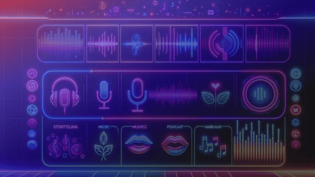 Vibrant neon digital interface displaying audio controls, sound waves, and abstract graphics for sextech and digital intimacy experiences.