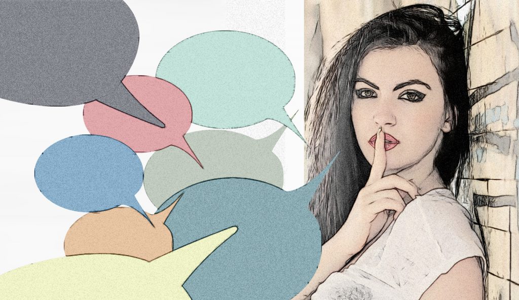 A woman with her mouth open and speech bubbles in front of her, highlighting the impact of tech giants on our lives.