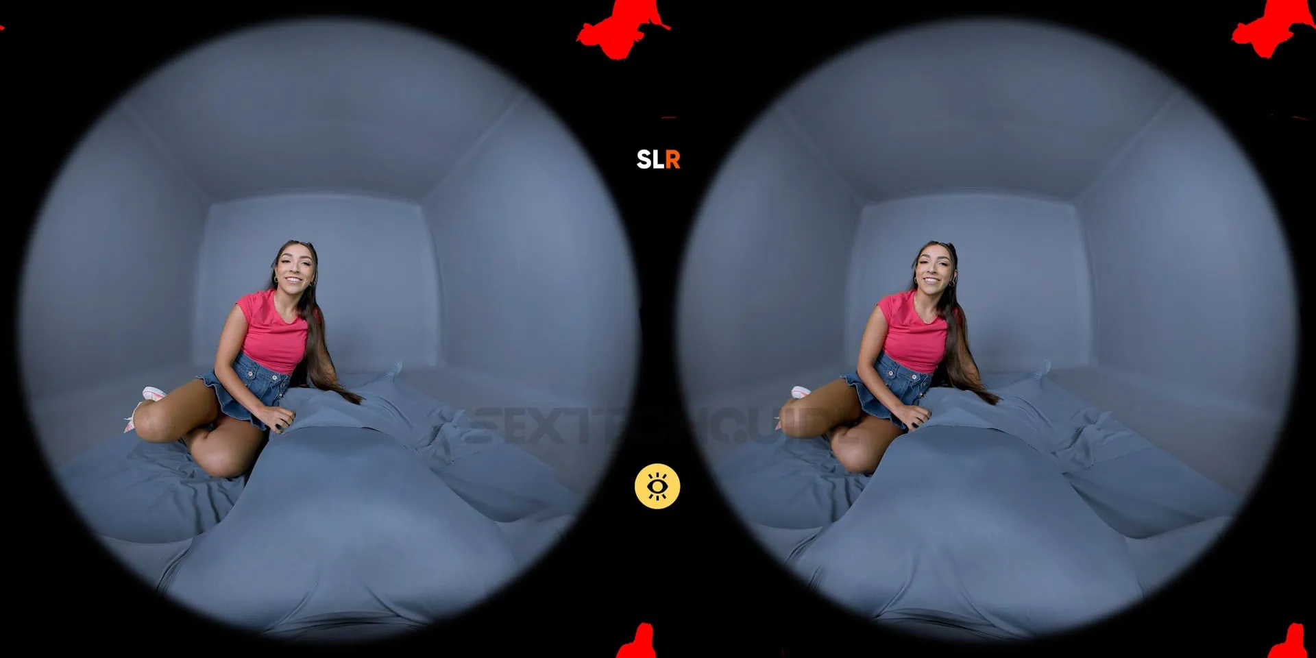 A woman is experiencing virtual reality on a bed using Meta Quest 3.