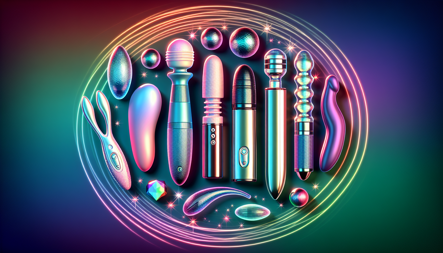 Vibrant collection of futuristic sex toys with neon lighting effects, showcasing various styles and shapes of adult pleasure devices, highlighting innovation in sextech products.