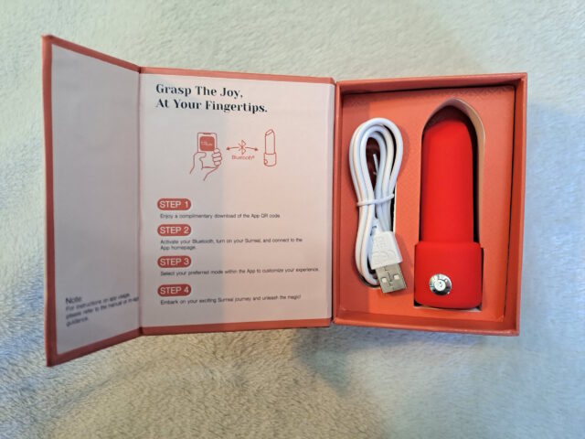 Wireless adult toy with USB charging cable inside a pink box, accompanied by user instructions for Bluetooth pairing and app control.