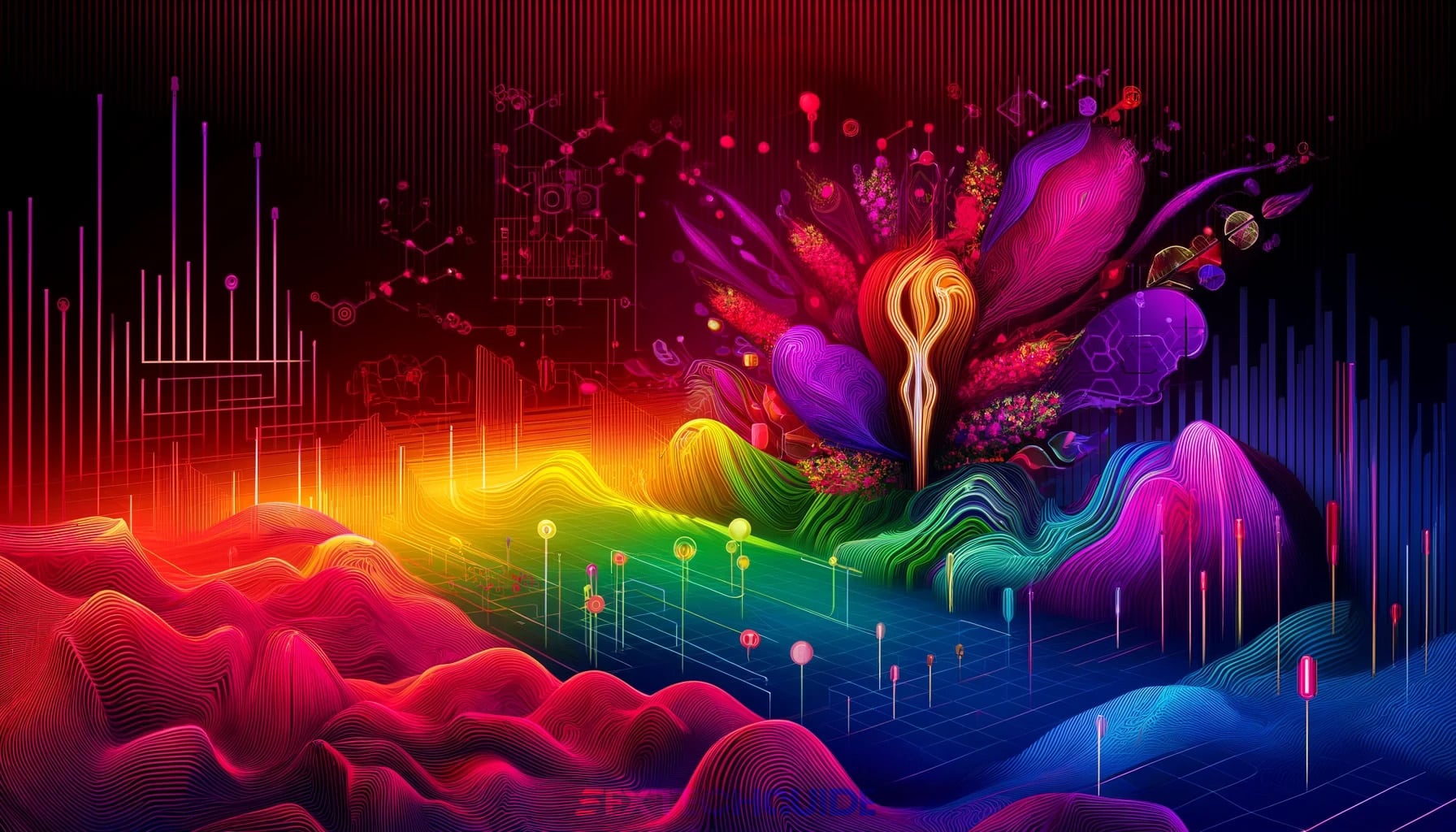Vibrant, colorful digital artwork featuring abstract floral shapes and futuristic elements, illustrating the intersection of technology and sexuality in modern sextech innovations.