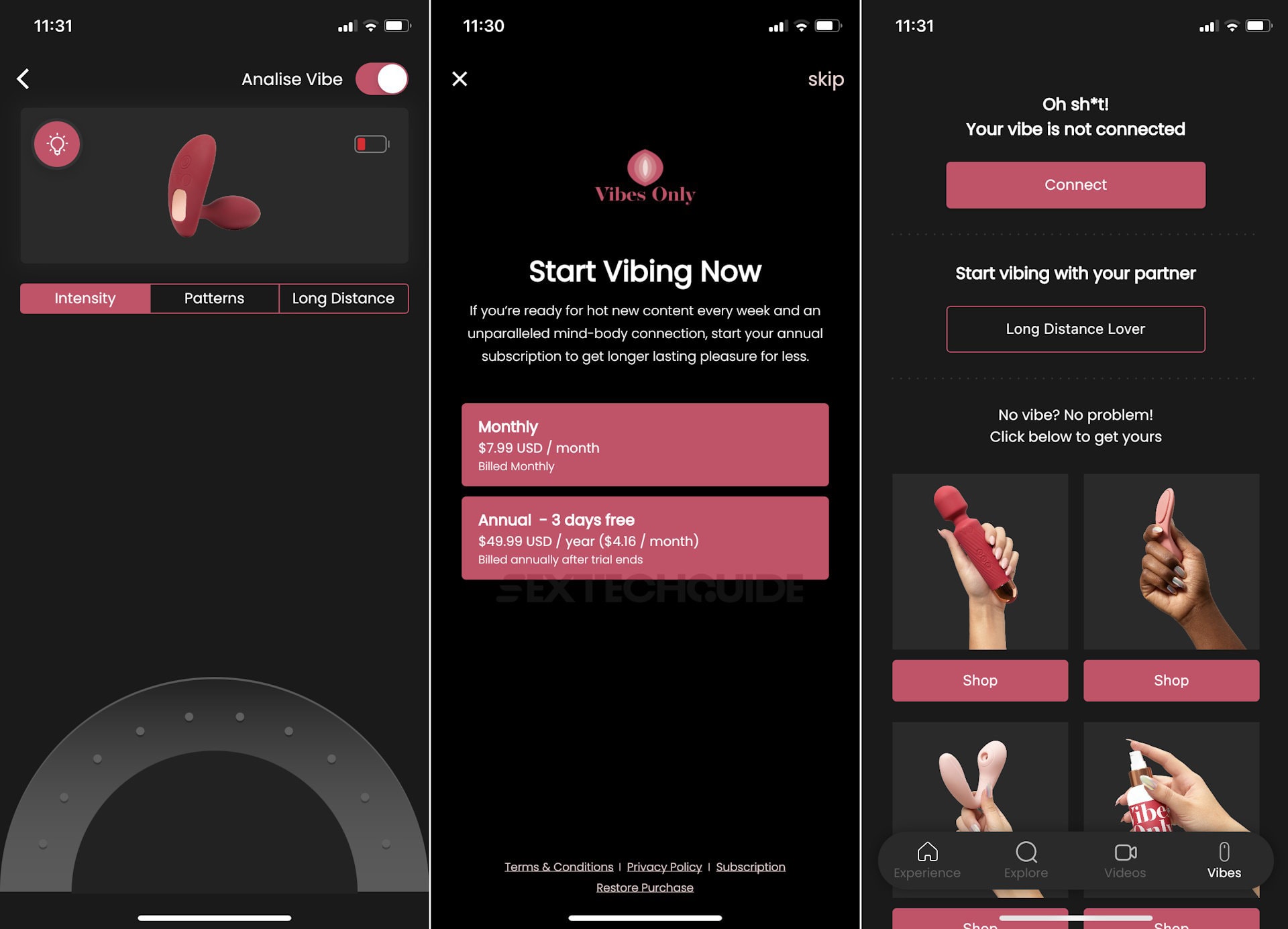 A screenshot of the app showcasing various types of sex toys, including vibrators and analise options.