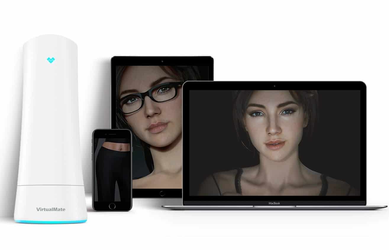 Virtual Mate is an interactive experience that promises intimate photo-realistic adult gaming featuring a woman's face shown next to a tablet and a phone.