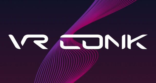 VR VONK futuristic virtual reality headset with sleek design and colorful abstract background, ideal for immersive sextech experiences and innovative adult entertainment products.